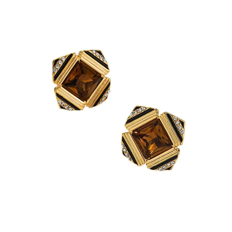 VAIGE Retro Square Glass Earrings in Emerald Green and Amber