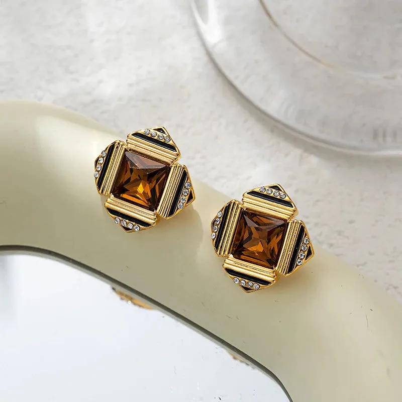 VAIGE Retro Square Glass Earrings in Emerald Green and Amber