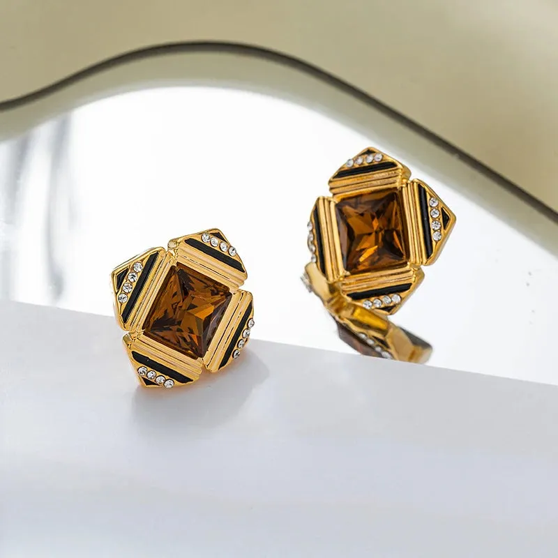 VAIGE Retro Square Glass Earrings in Emerald Green and Amber