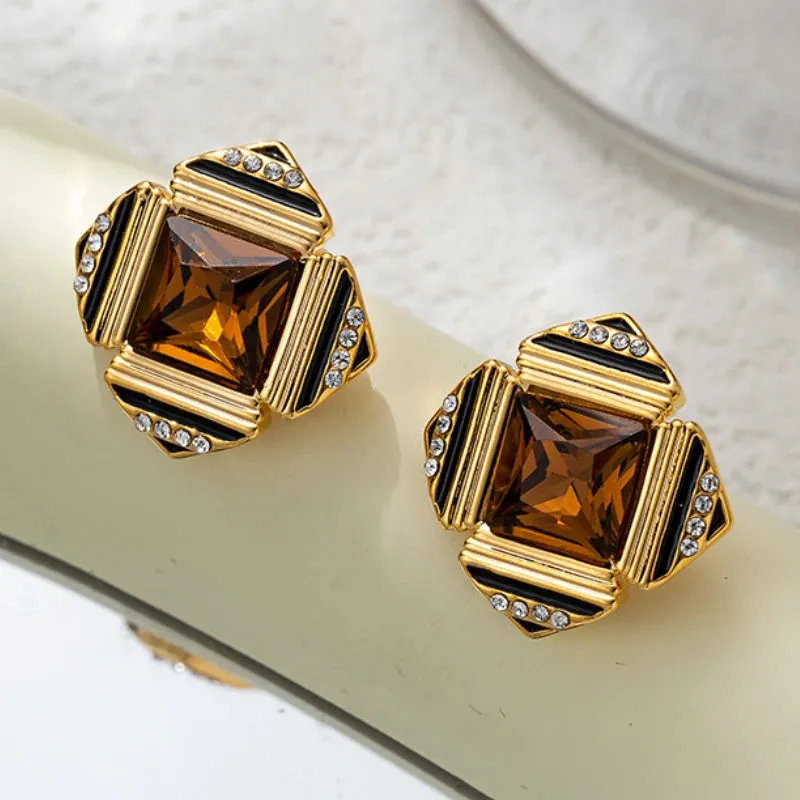 VAIGE Retro Square Glass Earrings in Emerald Green and Amber