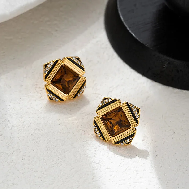 VAIGE Retro Square Glass Earrings in Emerald Green and Amber