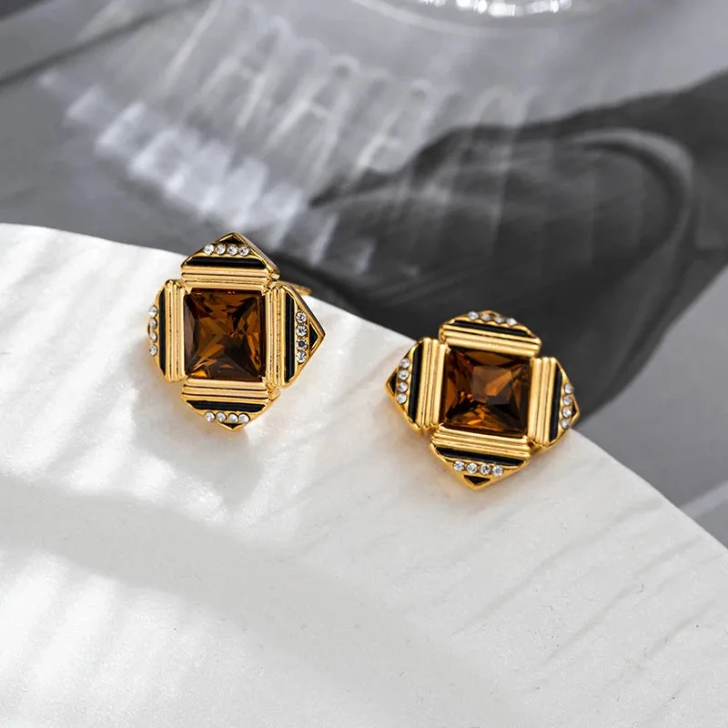 VAIGE Retro Square Glass Earrings in Emerald Green and Amber