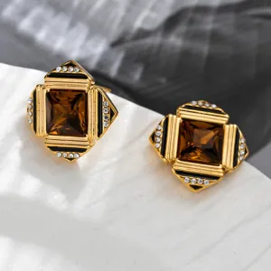 VAIGE Retro Square Glass Earrings in Emerald Green and Amber