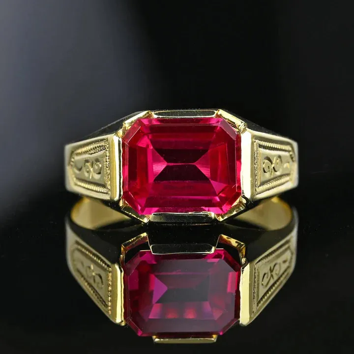 Vintage Emerald Cut Ruby Signet Gold Vermeil Rings