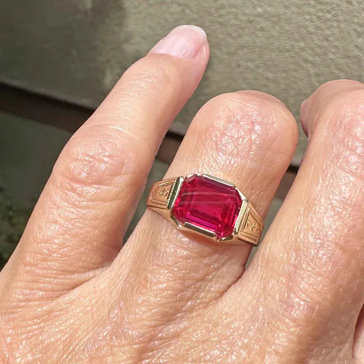 Vintage Emerald Cut Ruby Signet Gold Vermeil Rings