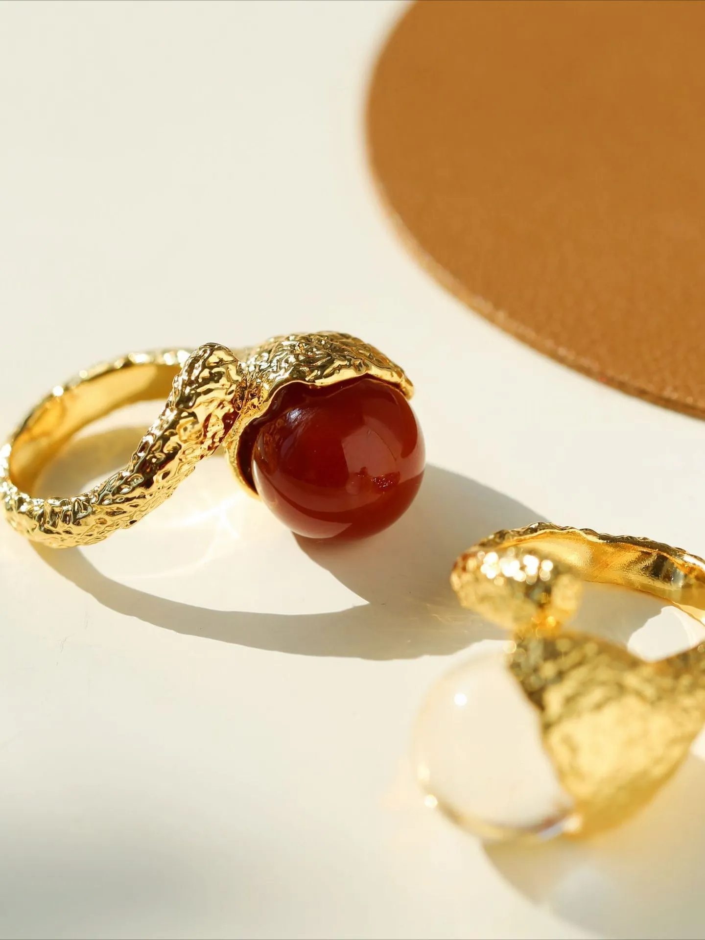 Vintage Floral Orb White Crystal and Red  Agate Rings