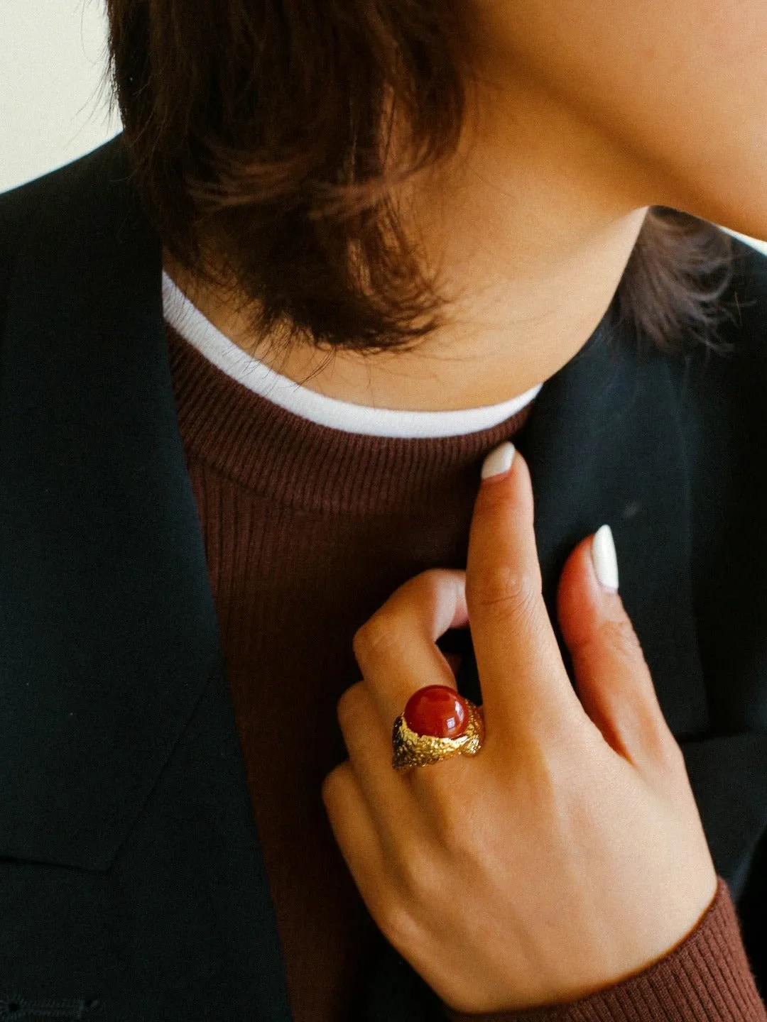 Vintage Floral Orb White Crystal and Red  Agate Rings