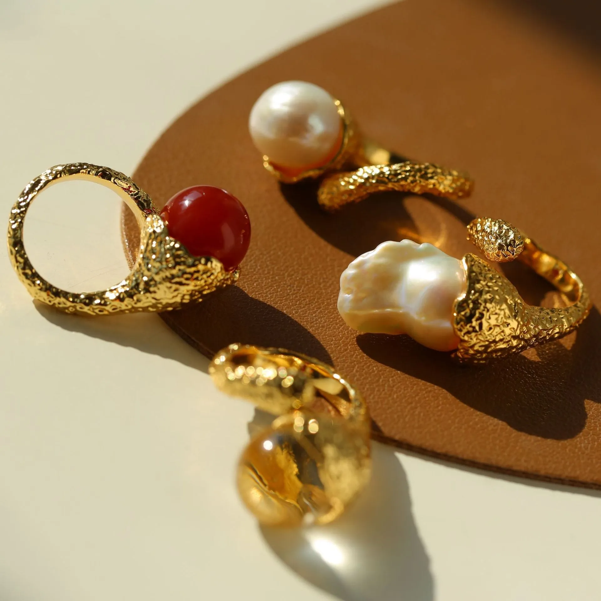 Vintage Floral Orb White Crystal and Red  Agate Rings