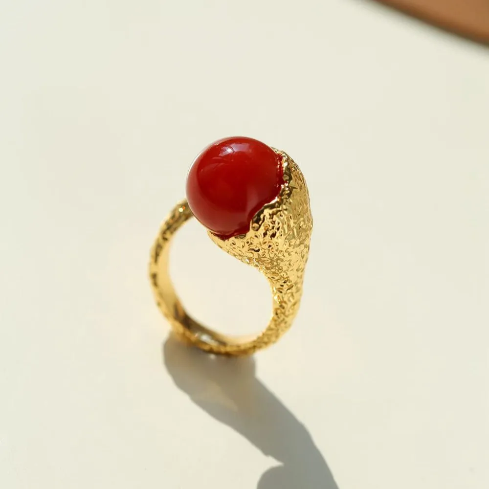 Vintage Floral Orb White Crystal and Red  Agate Rings