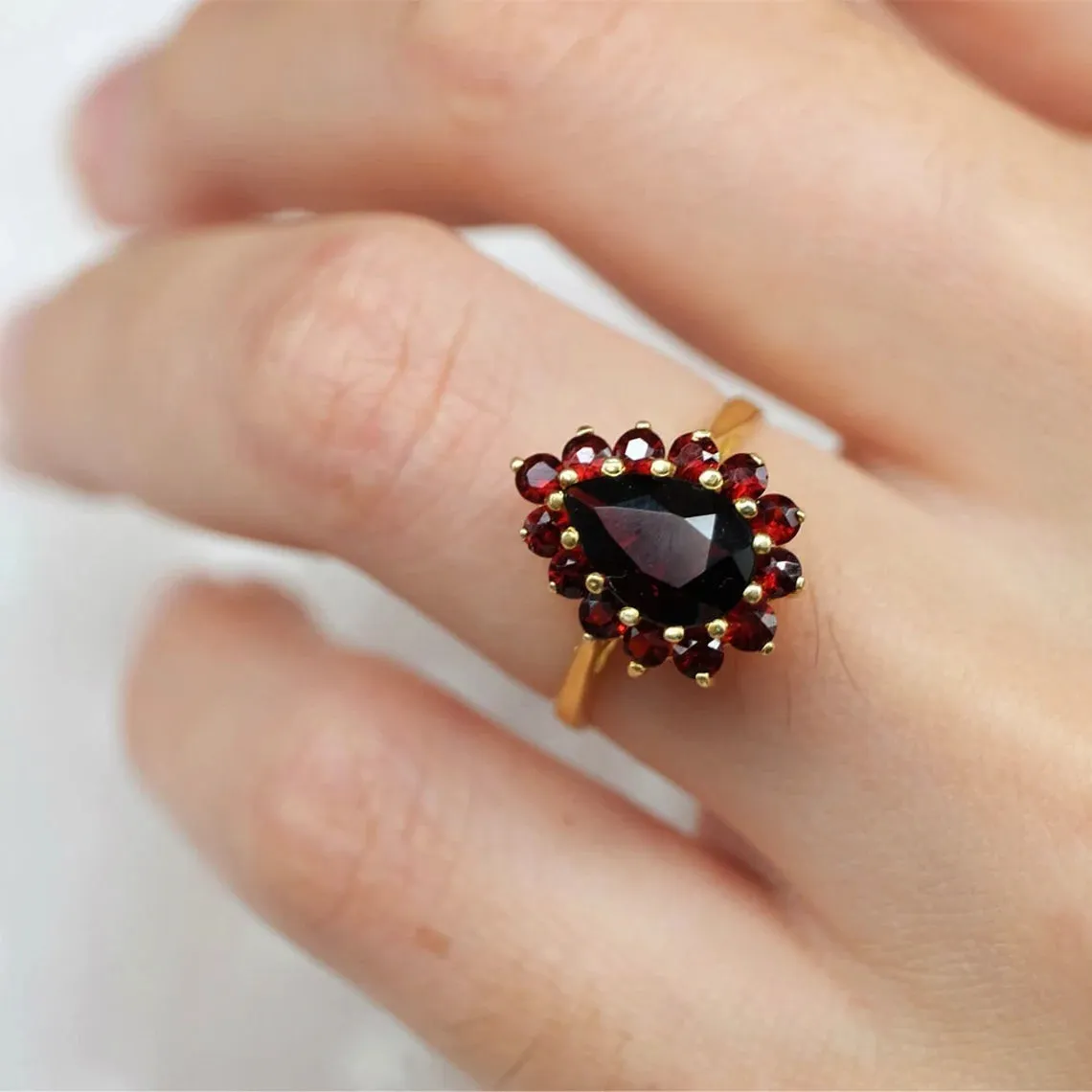 Vintage Garnet Rings - 14k Gold Vermeil Rings - Garnet Cluster Rings