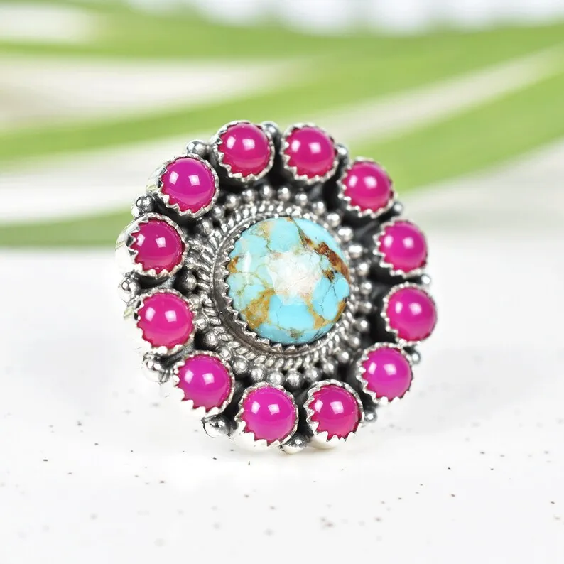 Vintage  Turquoise And Pink Onyx  Southwestern Style Cluster Ring - 925 Sterling Silver Native American Rings