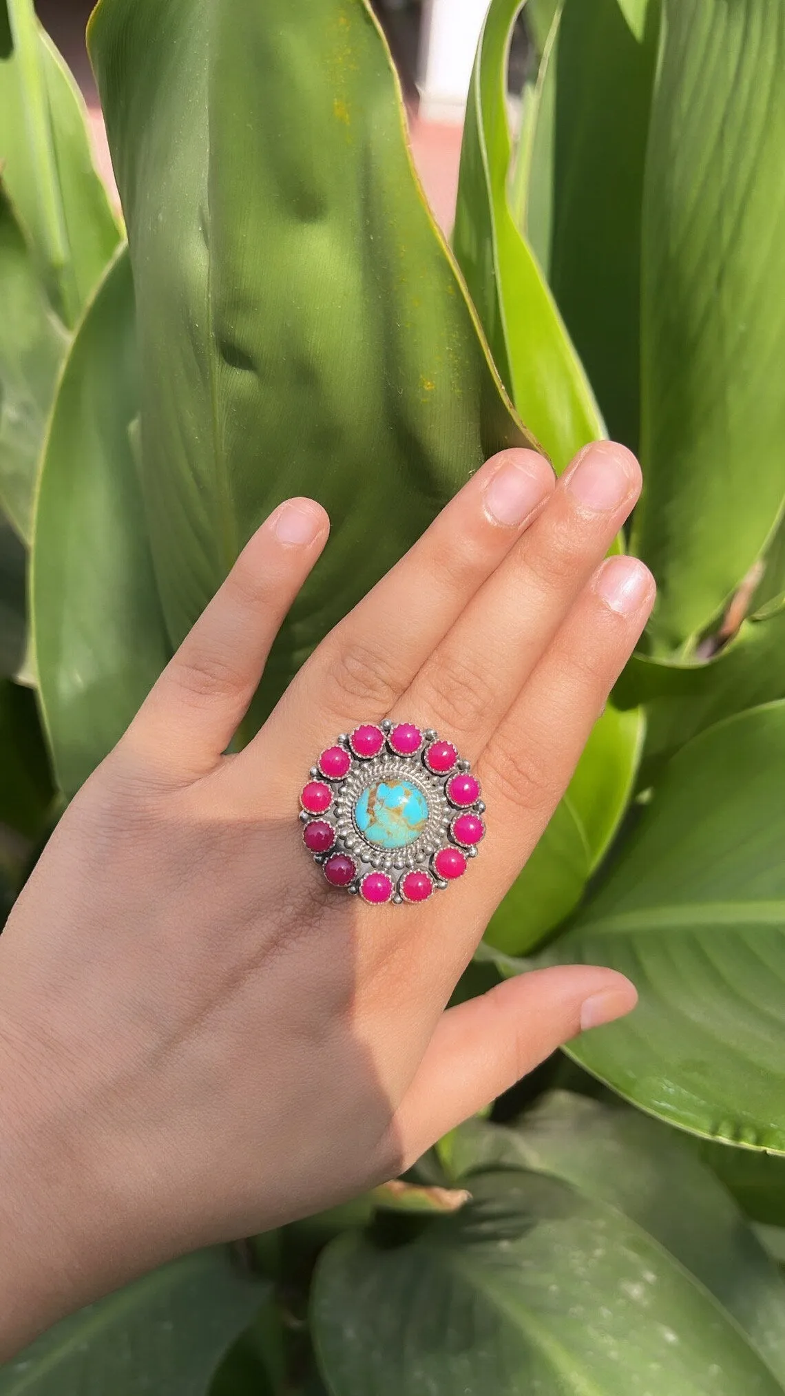 Vintage  Turquoise And Pink Onyx  Southwestern Style Cluster Ring - 925 Sterling Silver Native American Rings