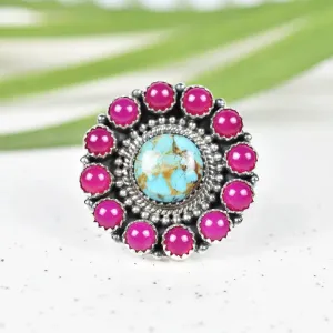 Vintage  Turquoise And Pink Onyx  Southwestern Style Cluster Ring - 925 Sterling Silver Native American Rings