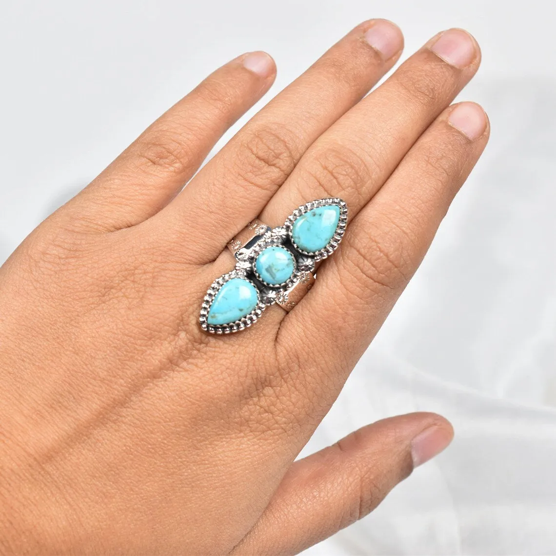 Vintage Turquoise Three Stone Southwestern Style Ring - 925 Sterling Silver Native American Rings