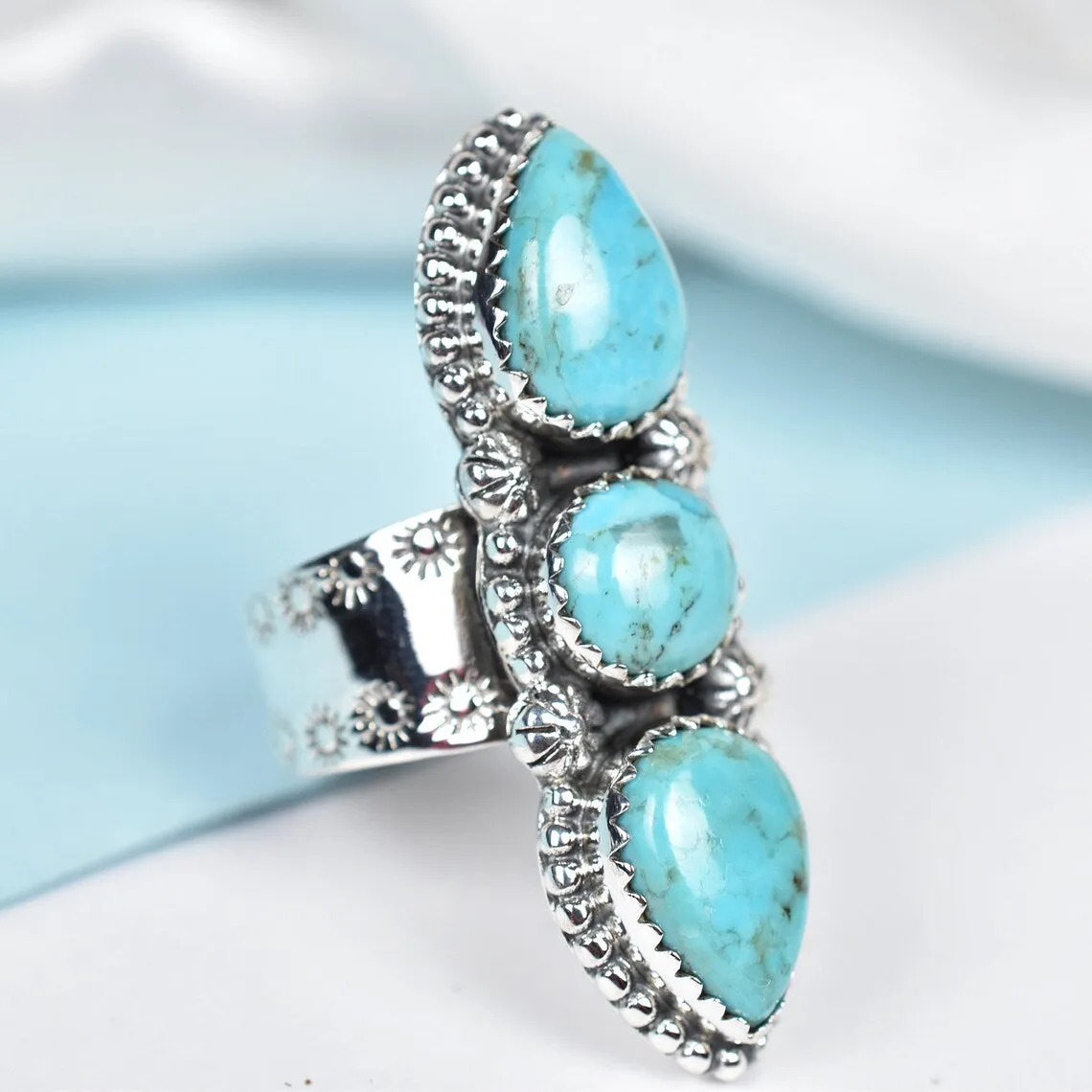 Vintage Turquoise Three Stone Southwestern Style Ring - 925 Sterling Silver Native American Rings