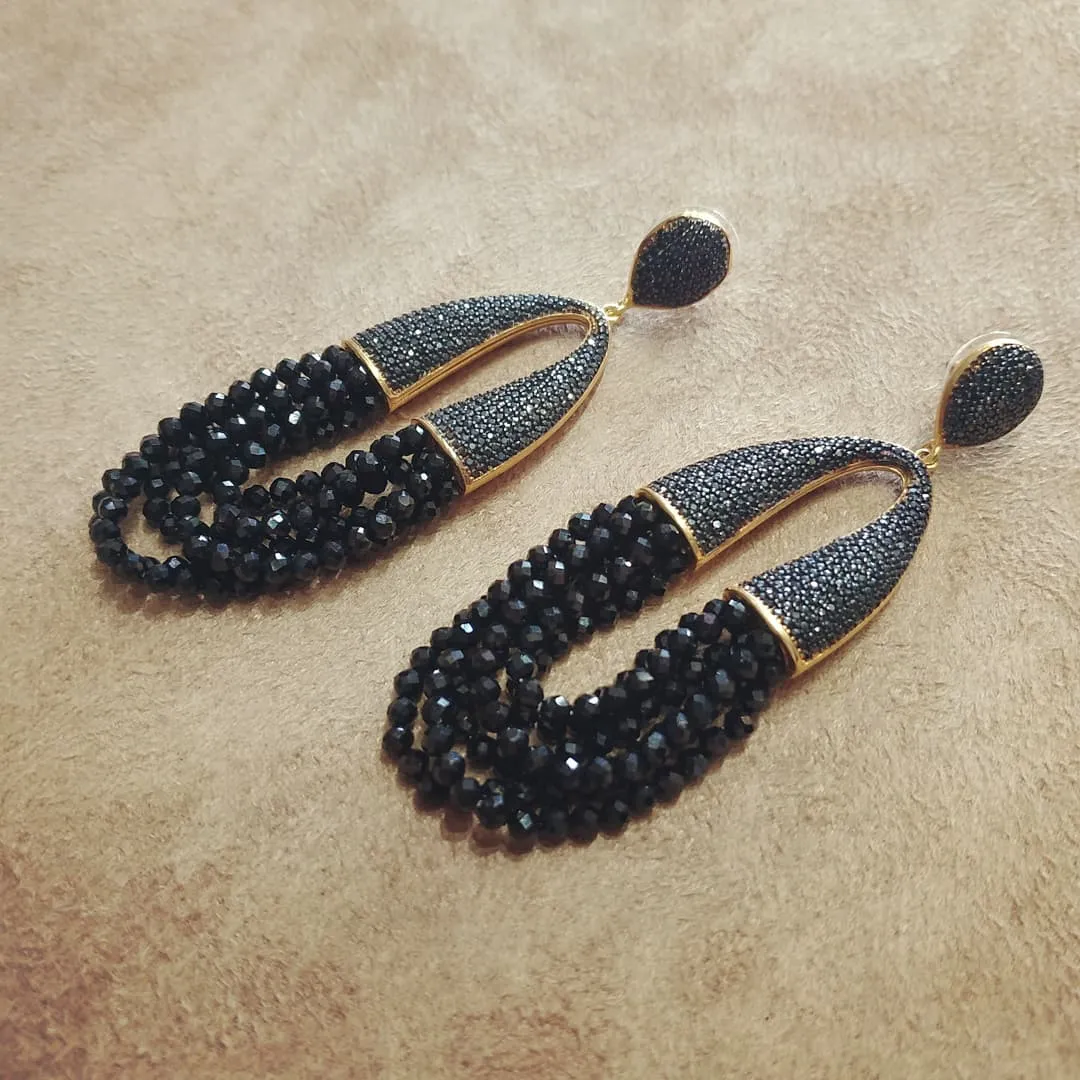 Waterfall Chandelier Black beads Black onyx pave earrings