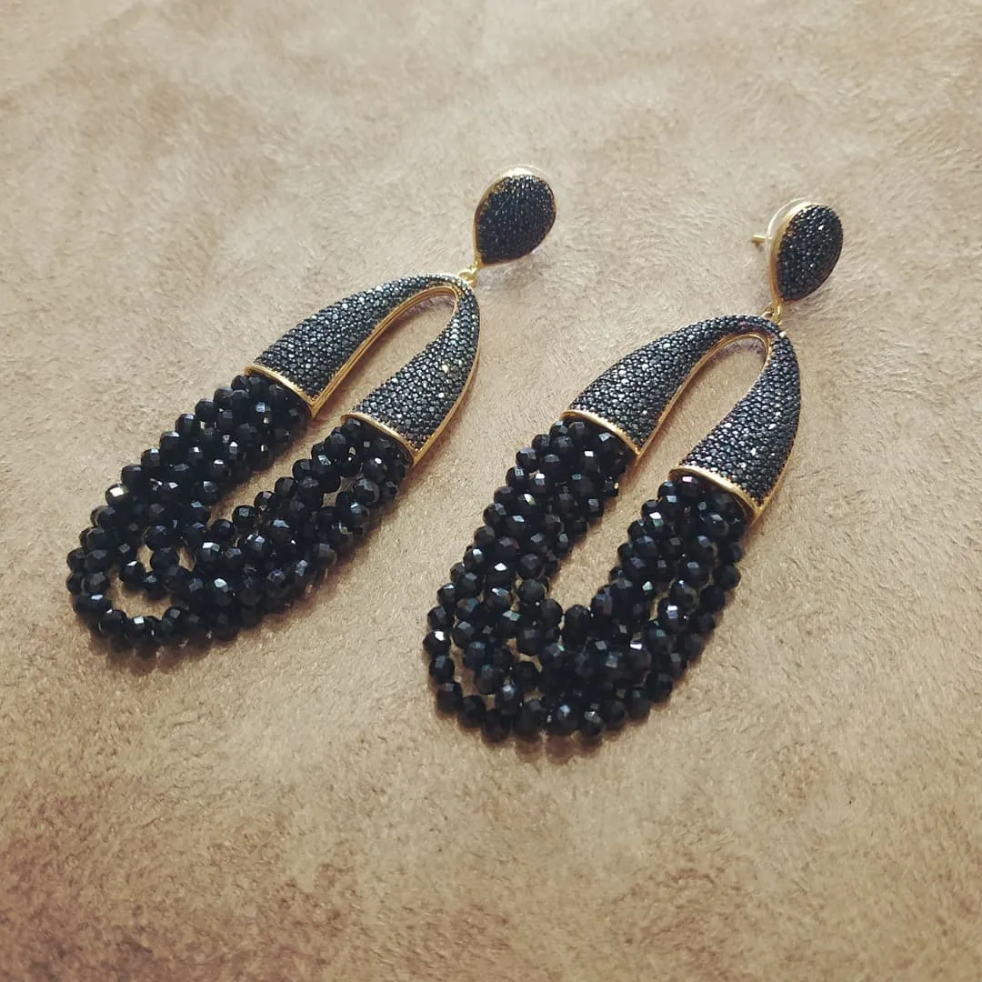 Waterfall Chandelier Black beads Black onyx pave earrings