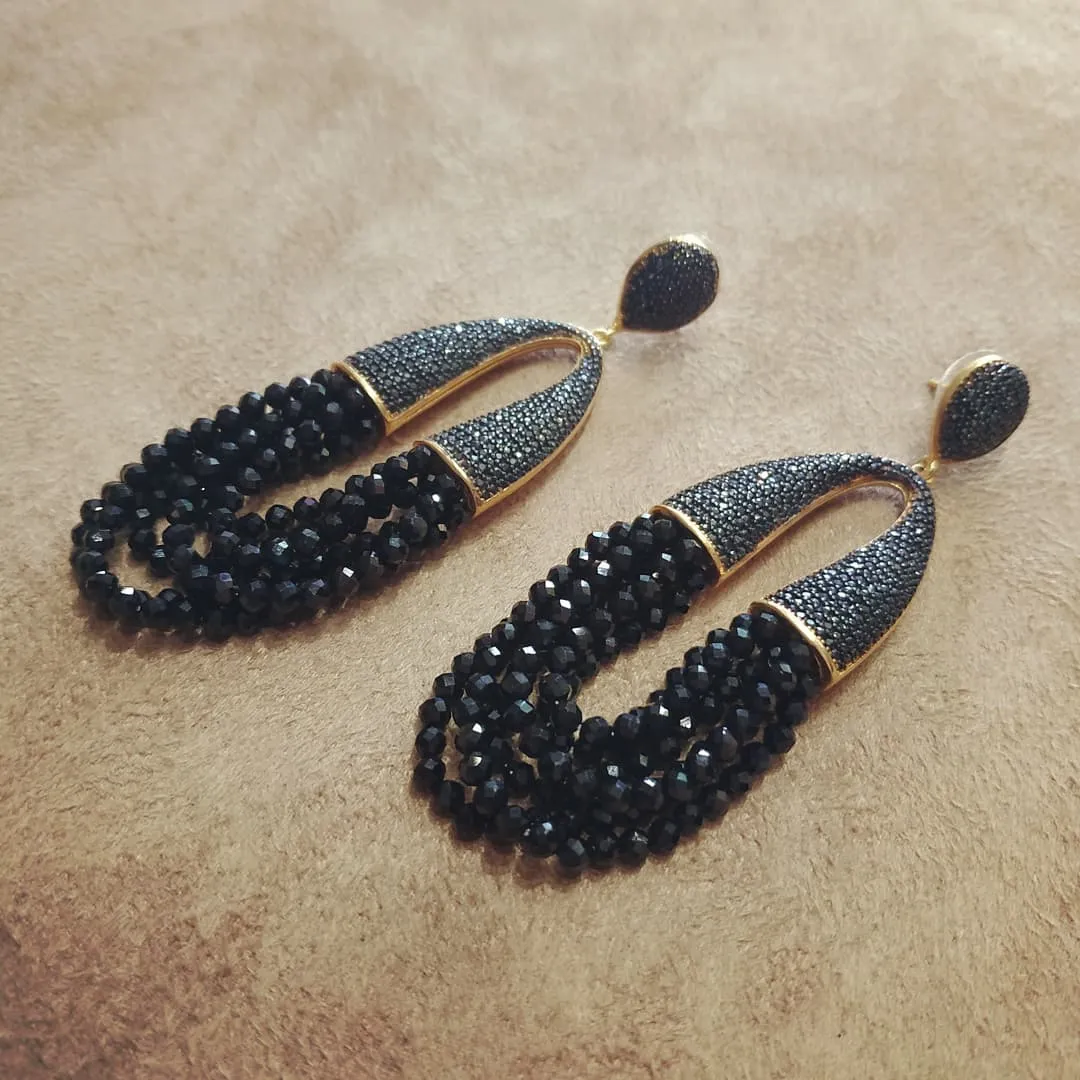 Waterfall Chandelier Black beads Black onyx pave earrings