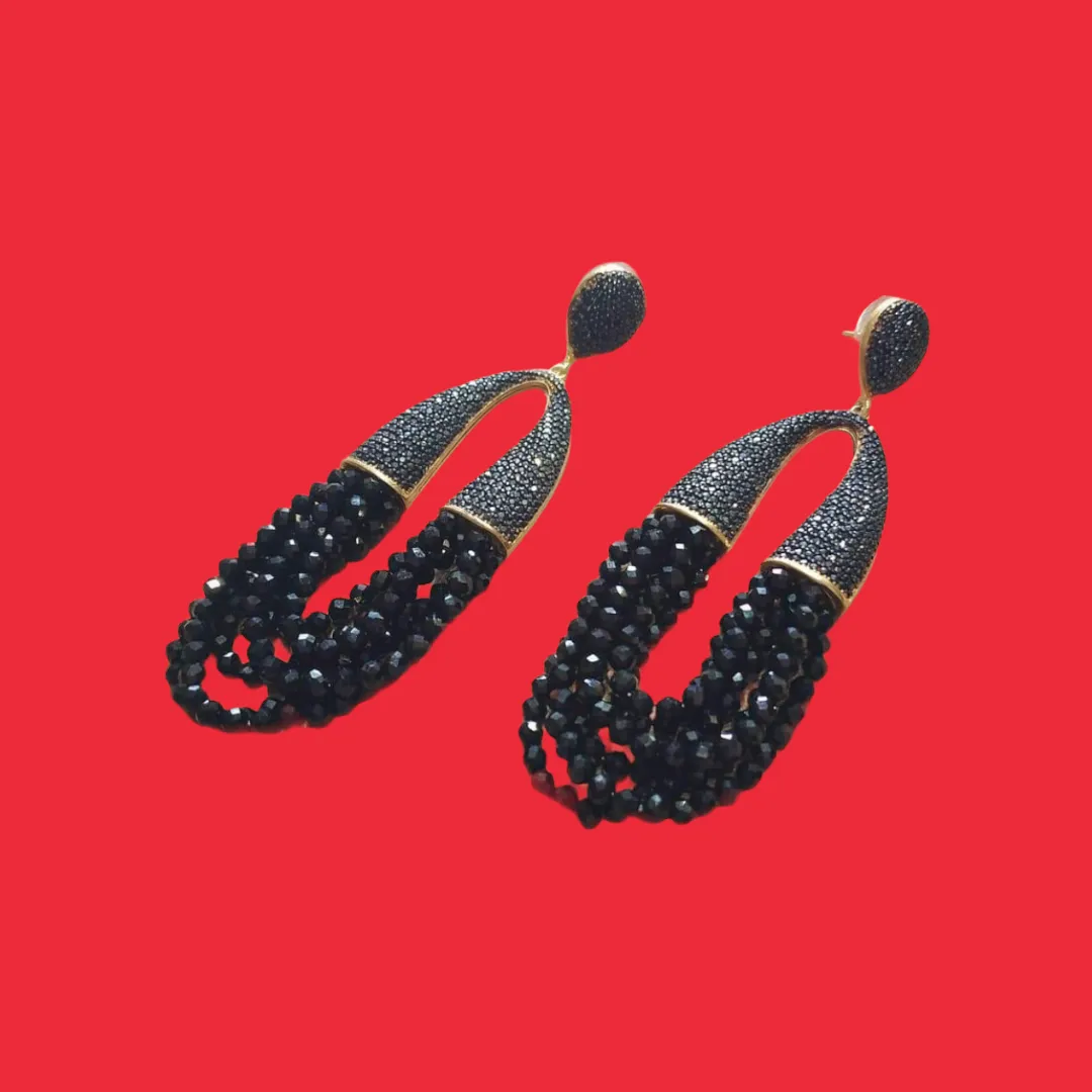 Waterfall Chandelier Black beads Black onyx pave earrings