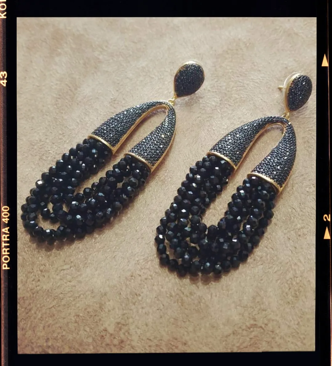 Waterfall Chandelier Black beads Black onyx pave earrings