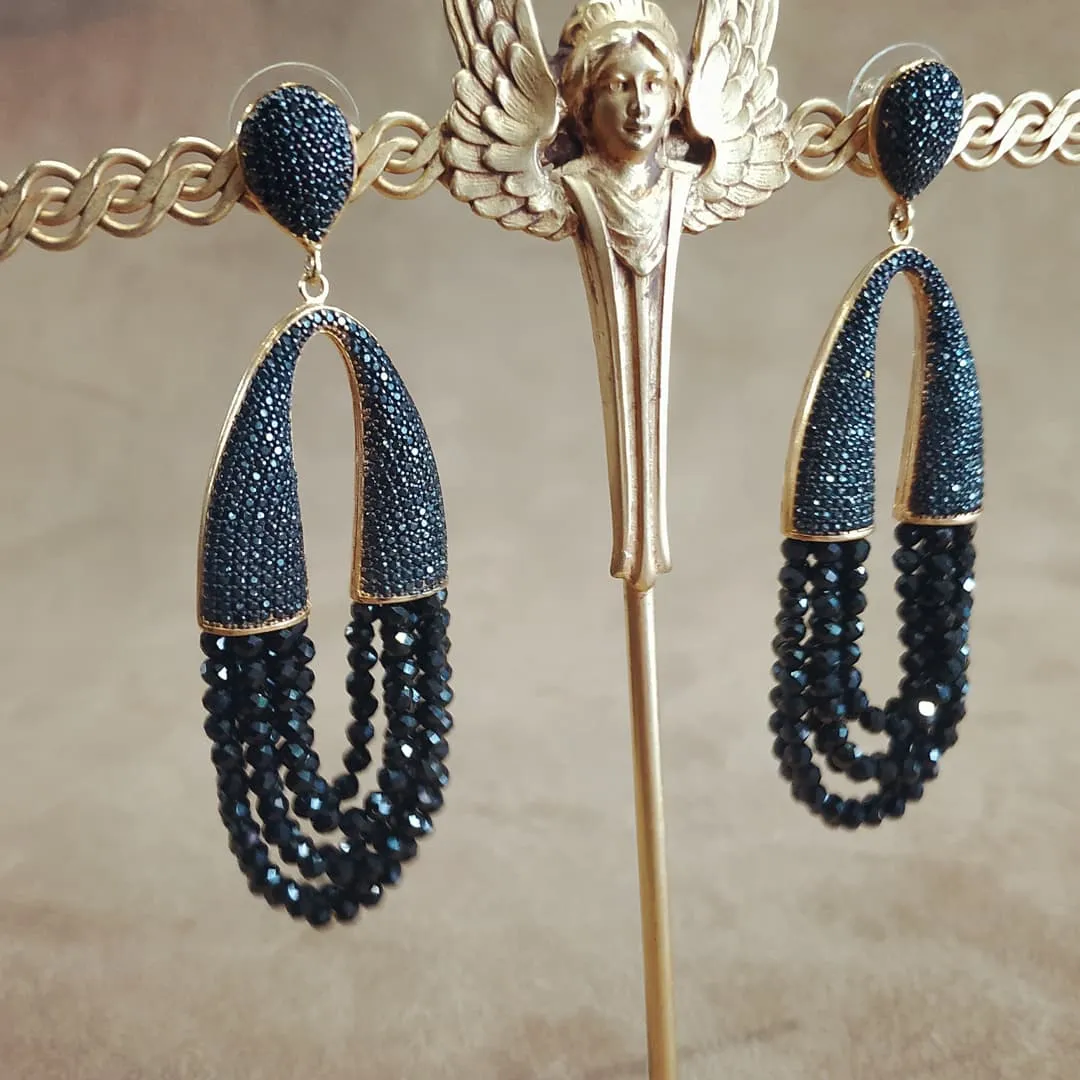 Waterfall Chandelier Black beads Black onyx pave earrings