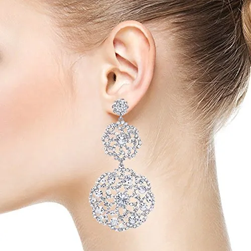 Wedding Bridal Bridesmaids Large Circle Rhinestone Cluster Flowers Long Dangle Statement Earrings