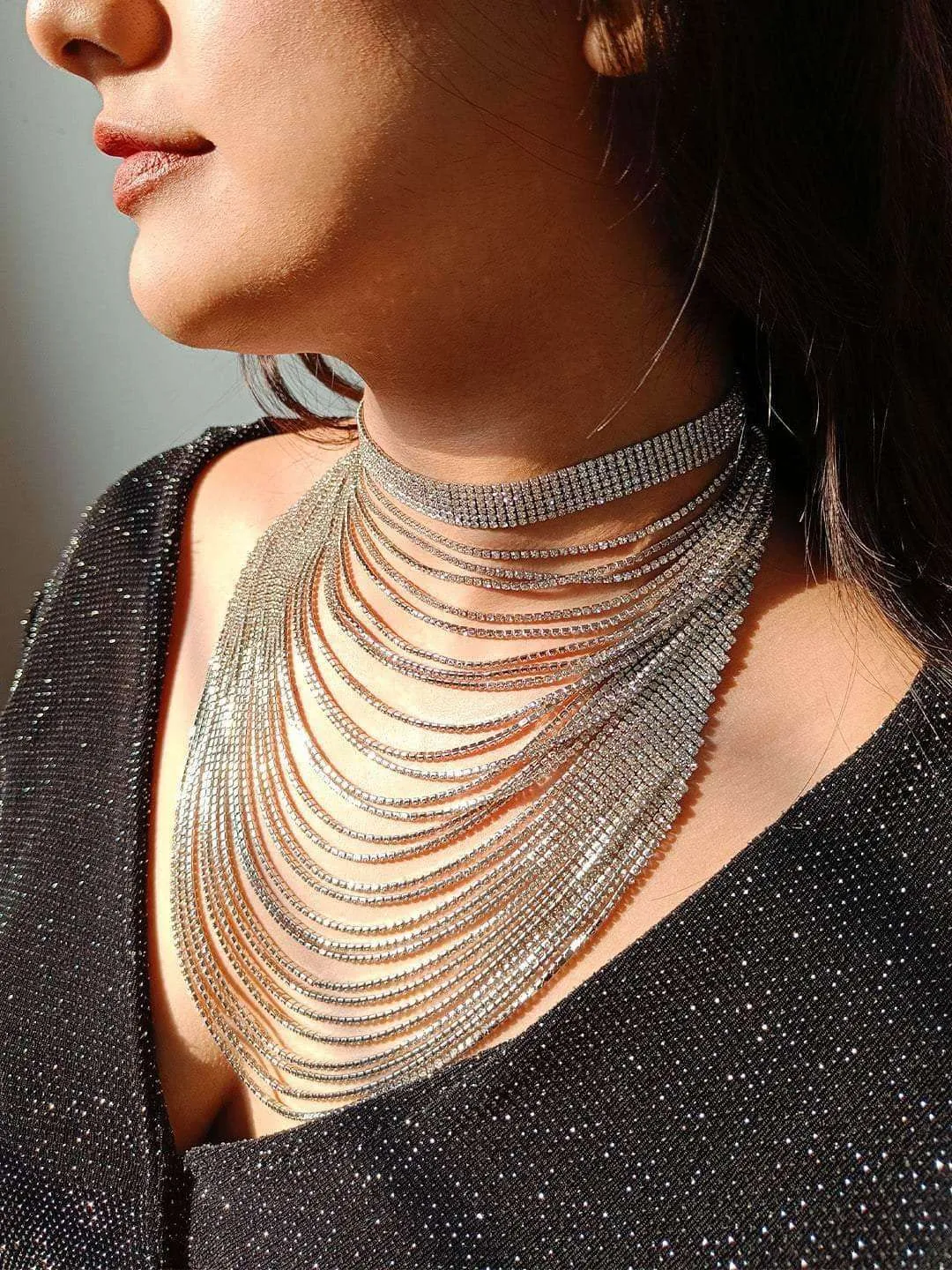 Women Layered Statement Necklace Waterfall Simulated